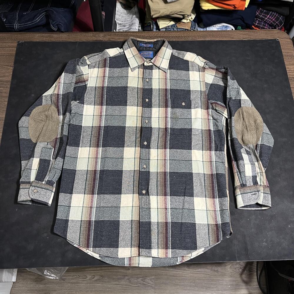 Vintage Pendleton Shirt Mens Medium Shadow Plaid Wool Leather Patches Made USA